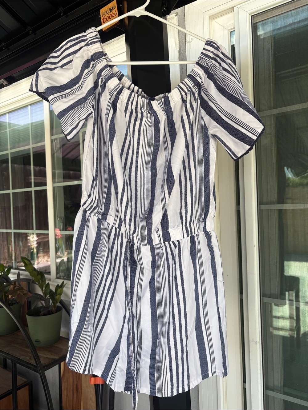 Striped Off-Shoulder Romper in Navy and White